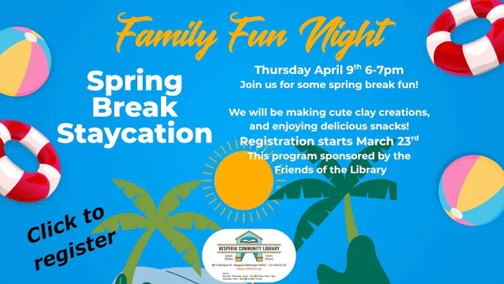 Event announcement for "Family Fun Night" on April 9th, promoting clay creations and snacks at Hesperia Community Library.