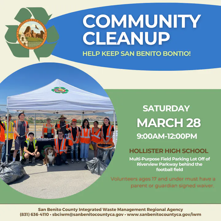 Community cleanup event in Hollister on March 28, 9 AM to 12 PM at Hollister High School. Volunteers under 18 need a waiver.