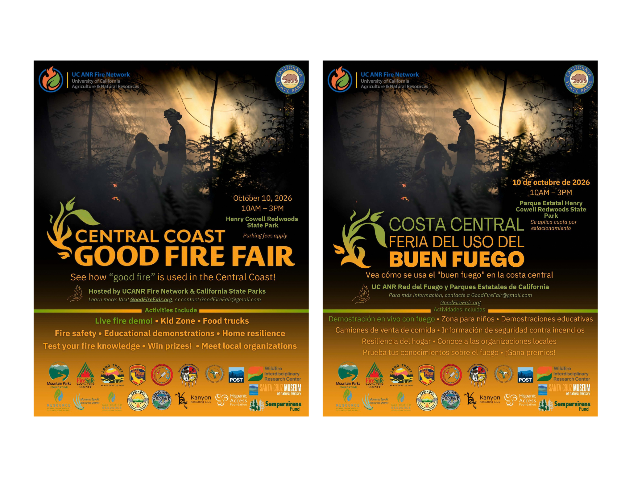 Event poster for the "Central Coast Good Fire Fair" on Oct 10, 2026 at Henry Cowell Redwoods State Park. Activities include fire demos and more.