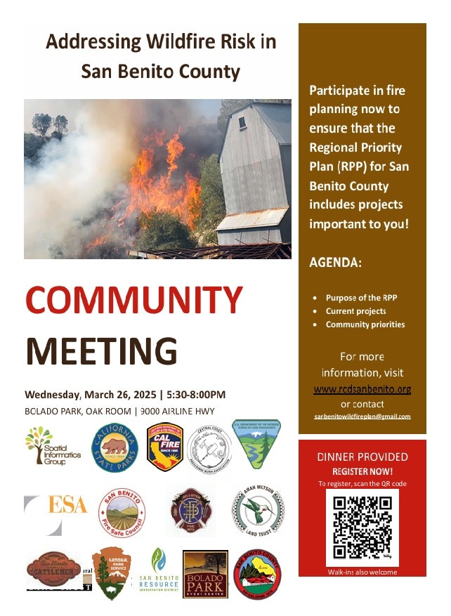 Community meeting about wildfire risk in San Benito County on March 26, 2025, at Bolado Park. Agenda: RPP, projects, priorities.