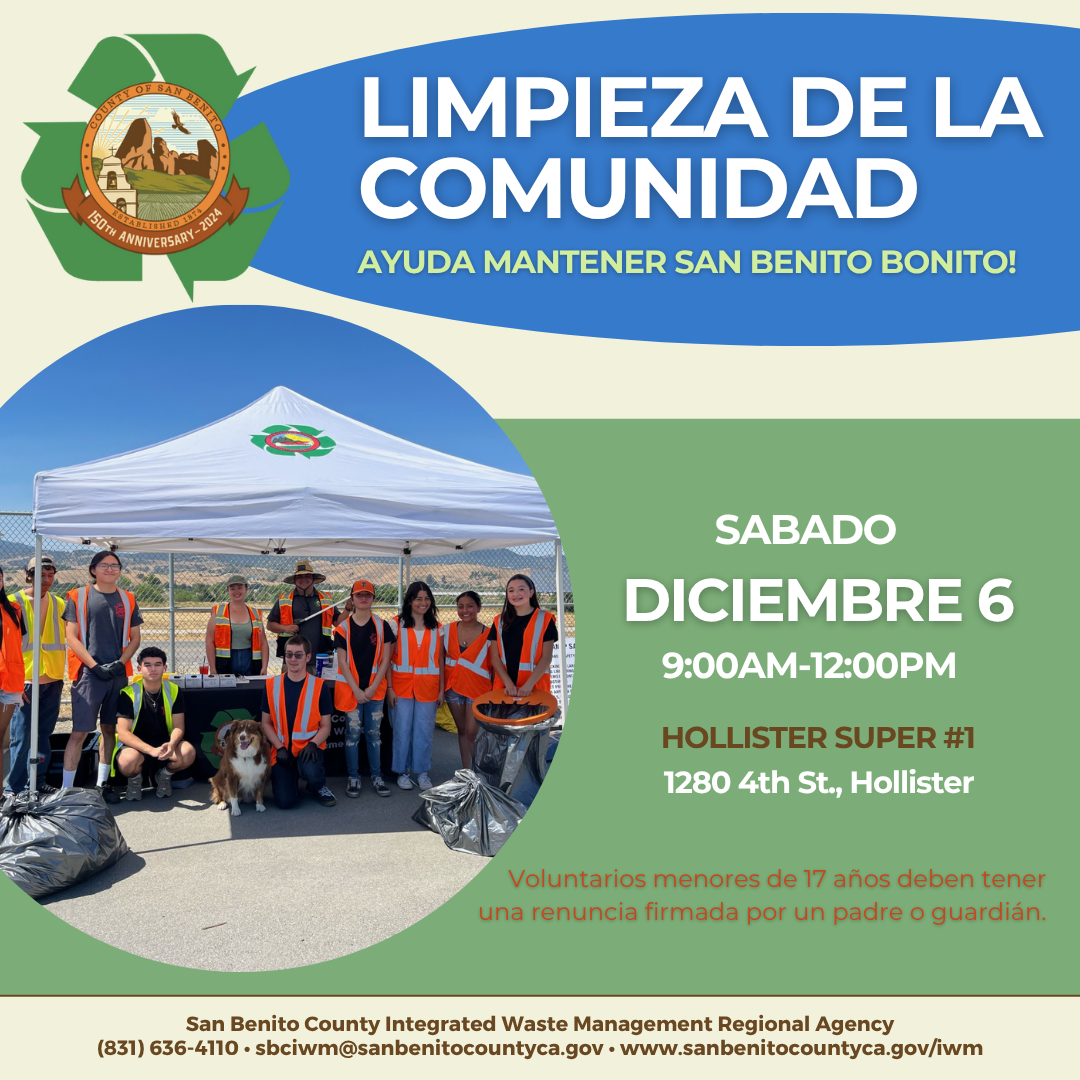 Community cleanup event on December 6, 9 AM - 12 PM at Hollister Super #1. Volunteers under 17 need parent consent.