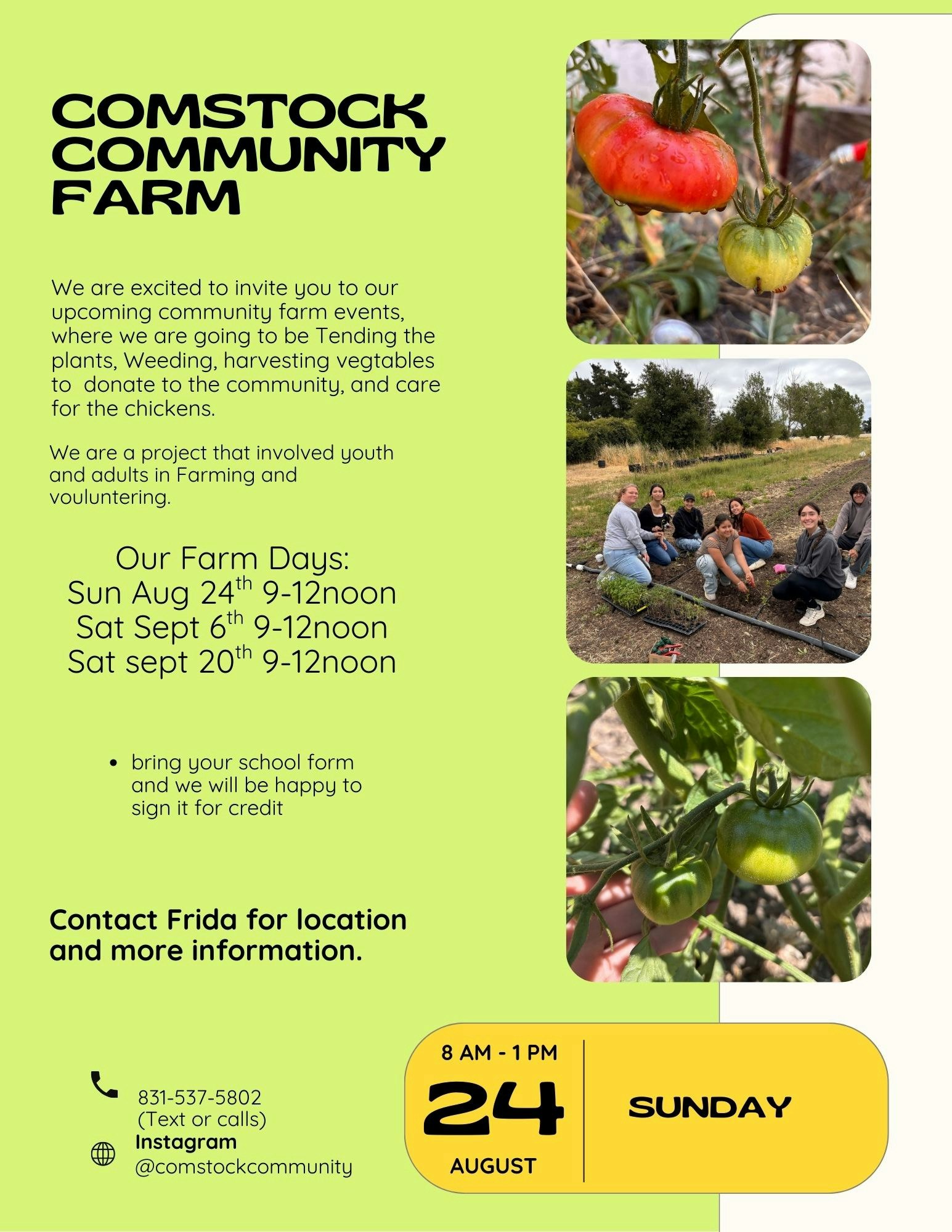 Comstock Community Farm events invite with dates, contact info, and images of tomatoes and volunteers.