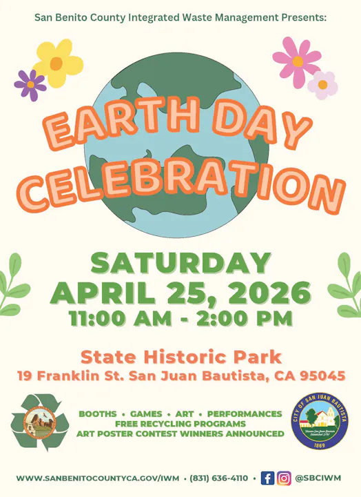 Earth Day Celebration on April 25, 2026, from 11 AM to 2 PM at State Historic Park, San Juan Bautista. Activities include games and art.