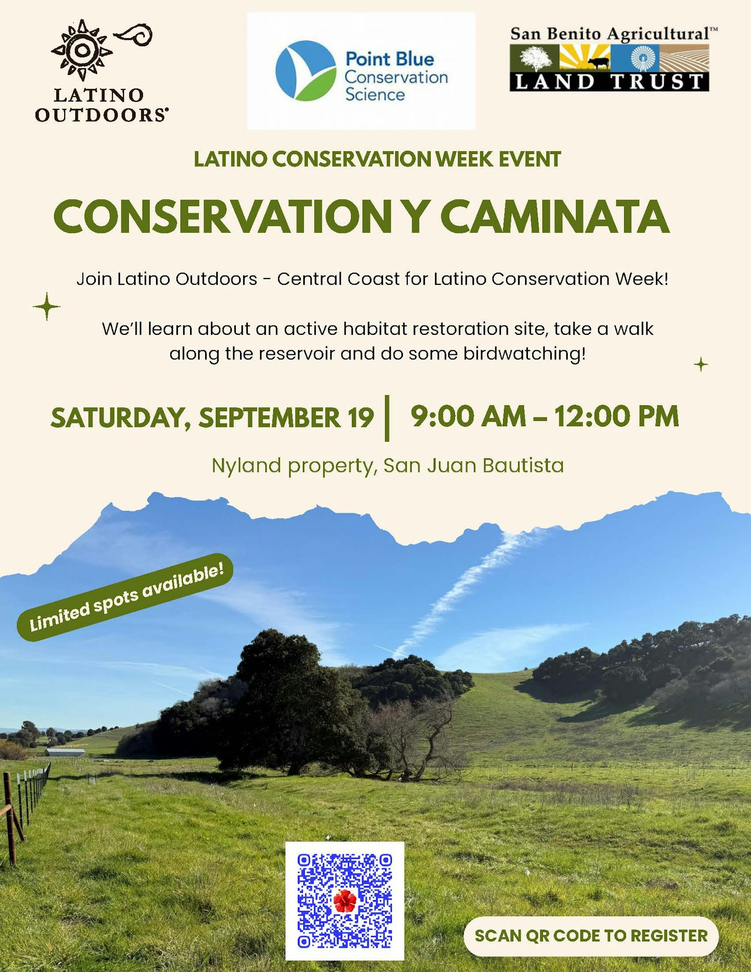 Event for Latino Conservation Week on Sept 19, 9 AM-12 PM in San Juan Bautista. Join for habitat restoration and birdwatching!