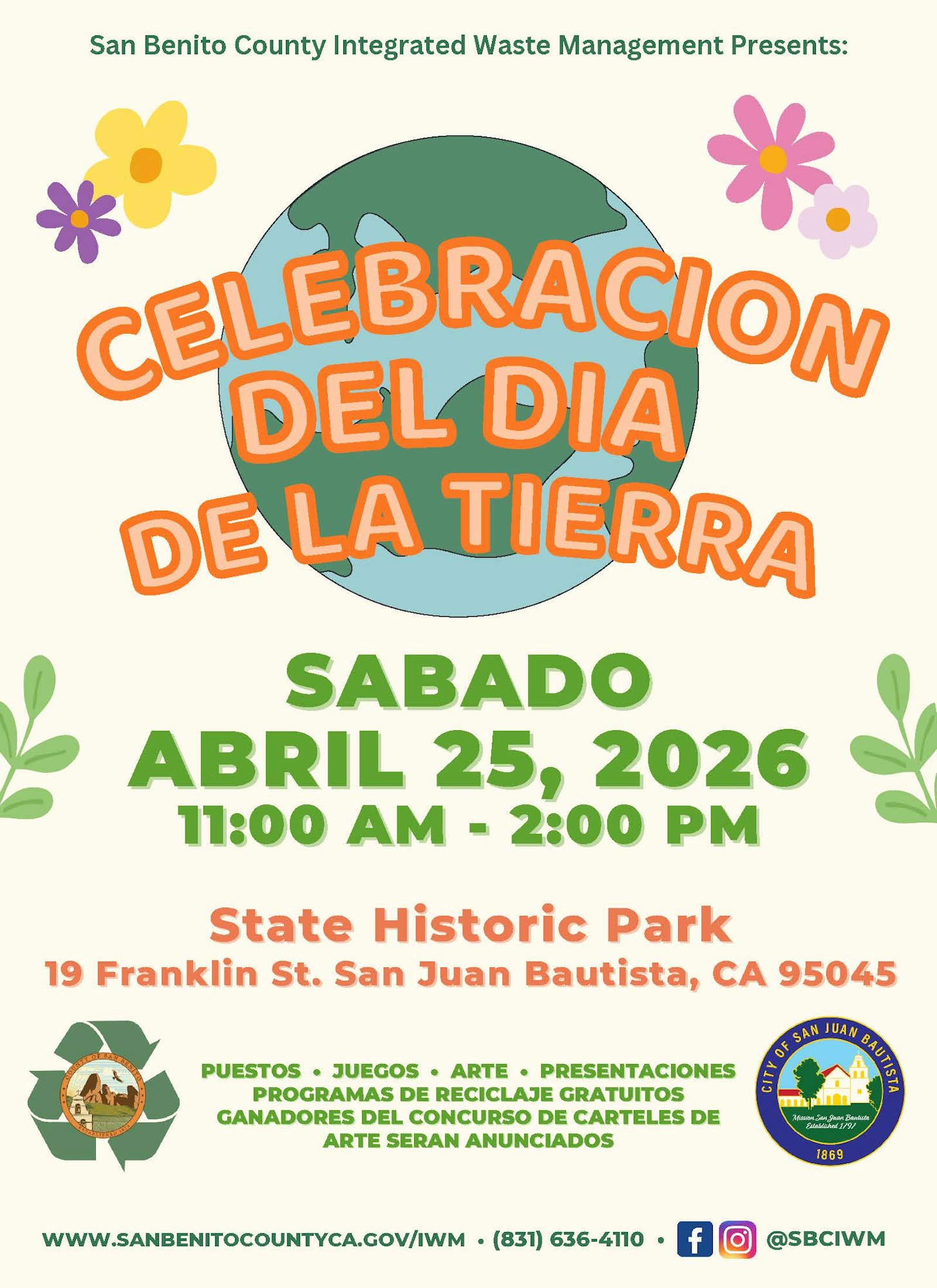 The image promotes the Earth Day Celebration on April 25, 2026, from 11 AM to 2 PM at State Historic Park, San Juan Bautista.