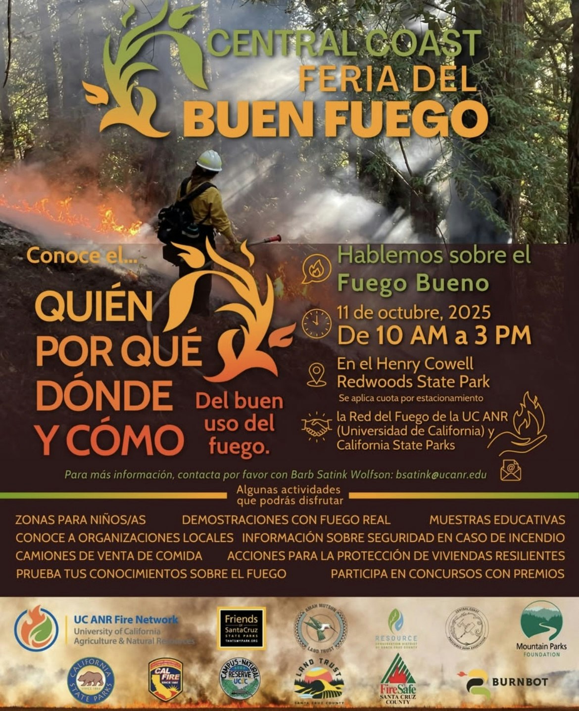 Flyer for "Central Coast Feria del Buen Fuego" event, Oct 11, 2025, 10 AM-3 PM, Henry Cowell Redwoods State Park, with demos and activities.