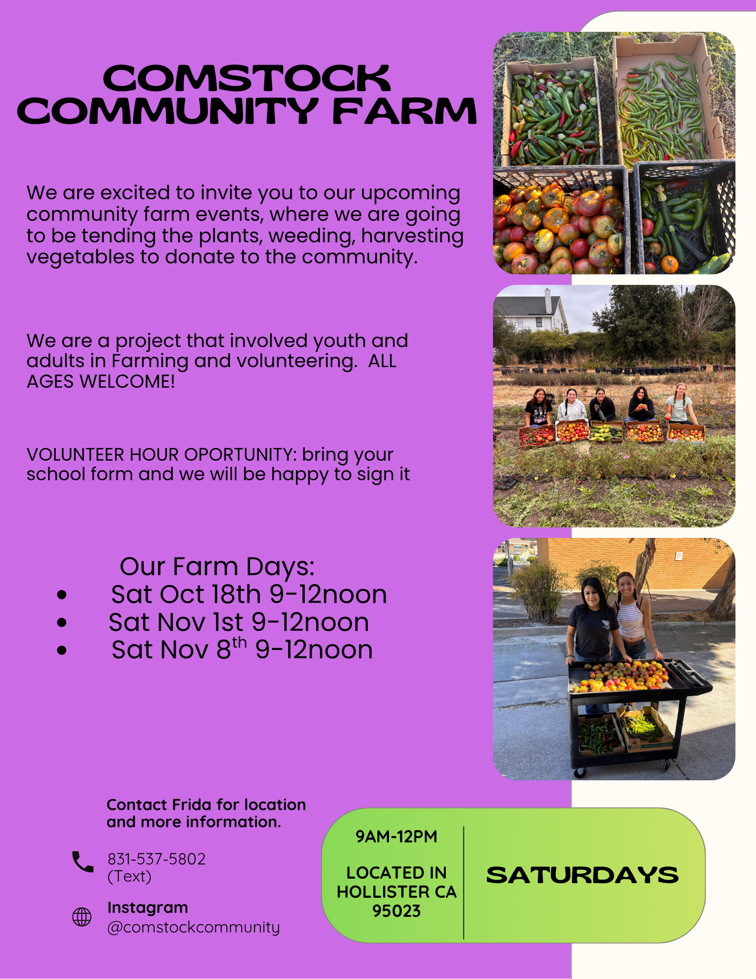 Flyer for Comstock Community Farm events with dates, contact info, and volunteer details. Located in Hollister, CA.
