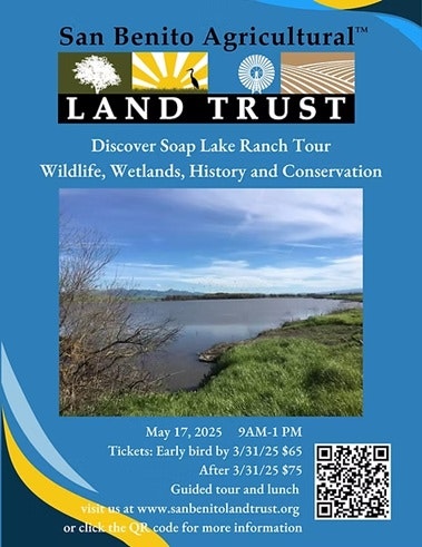 San Benito Agricultural Land Trust event flier for Soap Lake Ranch Tour on May 17, 2025, featuring wildlife and conservation.