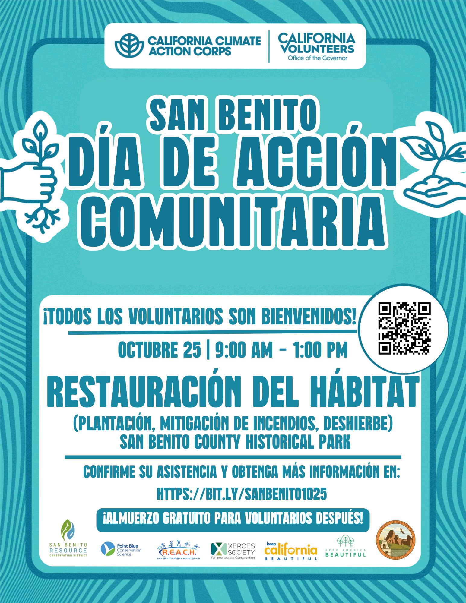 San Benito Community Action Day flyer for habitat restoration on October 25, 9AM-1PM. Volunteers welcome, free lunch included.