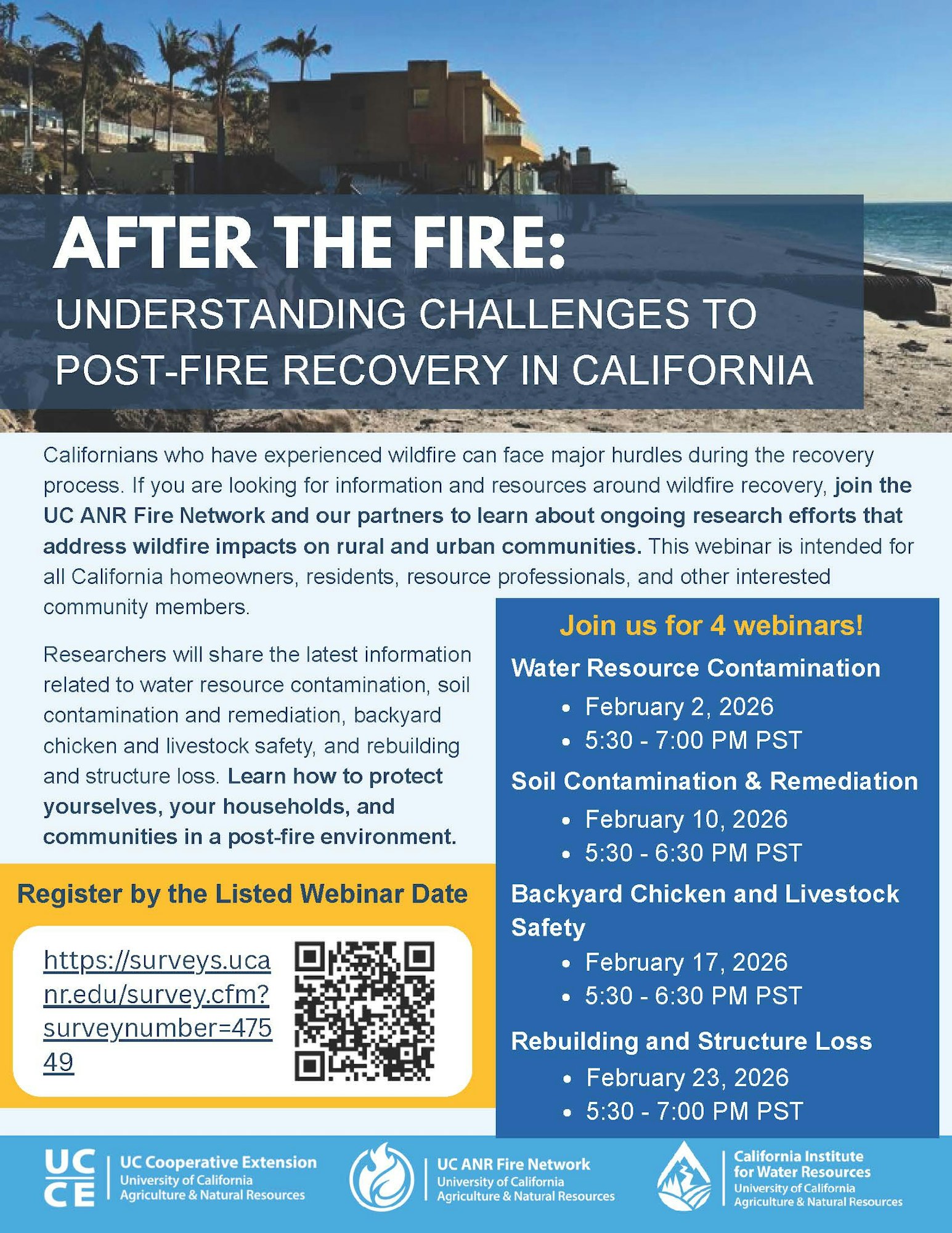 Webinar series on post-fire recovery in California, covering topics like water contamination, soil safety, and rebuilding.
