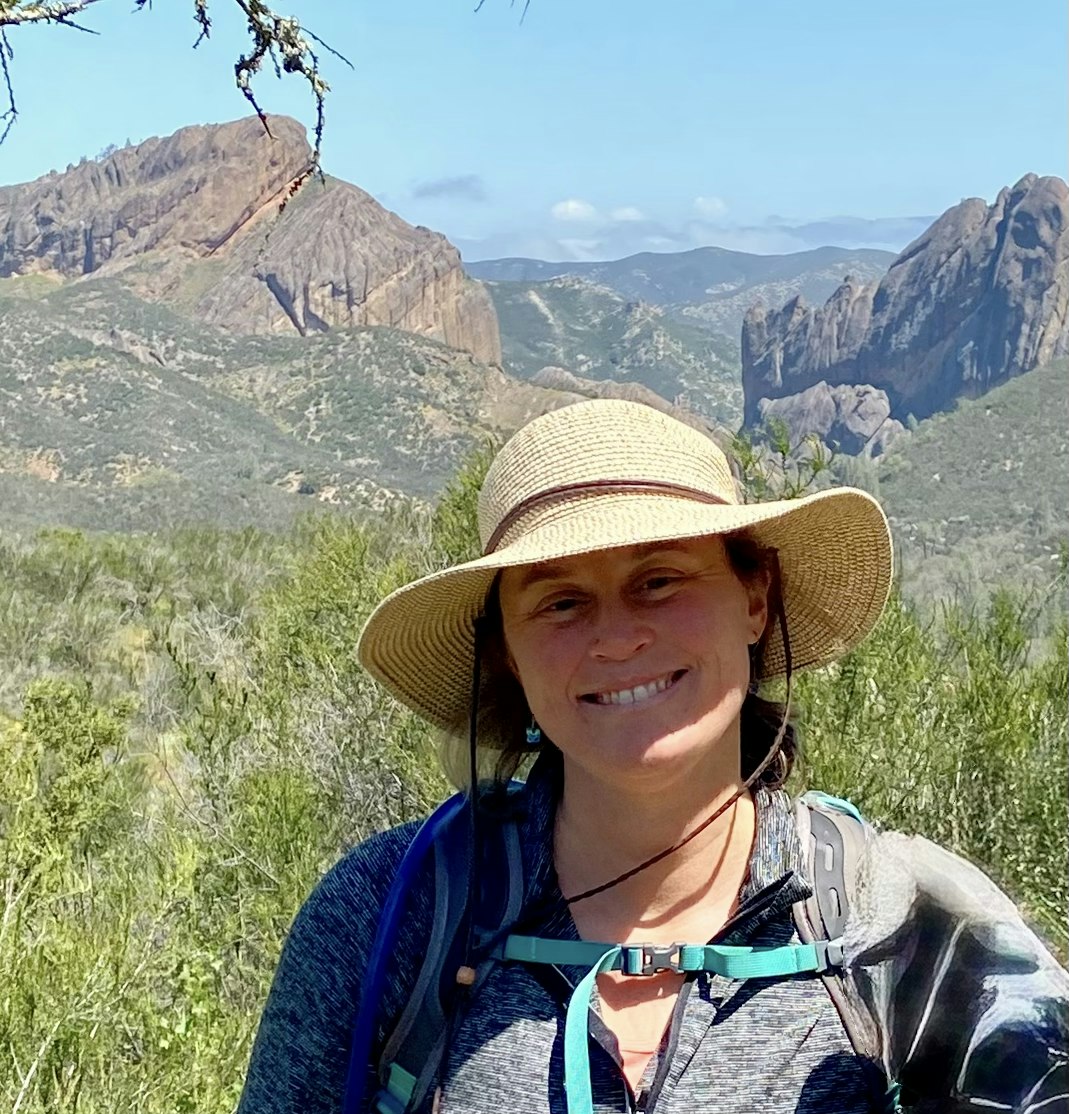 A smiling person wearing a hat stands in front of a scenic mountainous landscape with greenery and blue skies.
