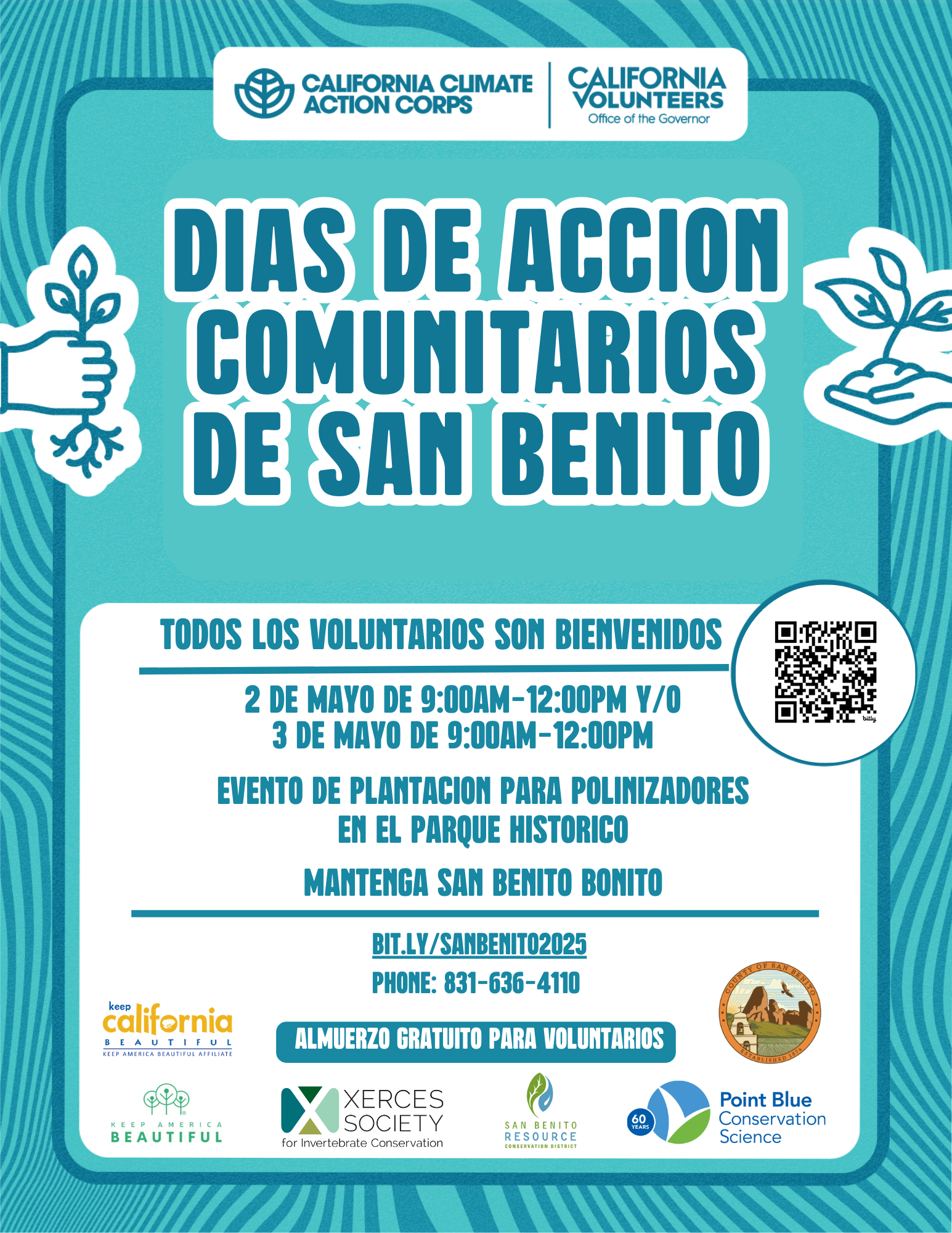 San Benito Community Action Days event for volunteers, May 2-3, planting for pollinators. Free lunch. Call 831-636-4110 for info.