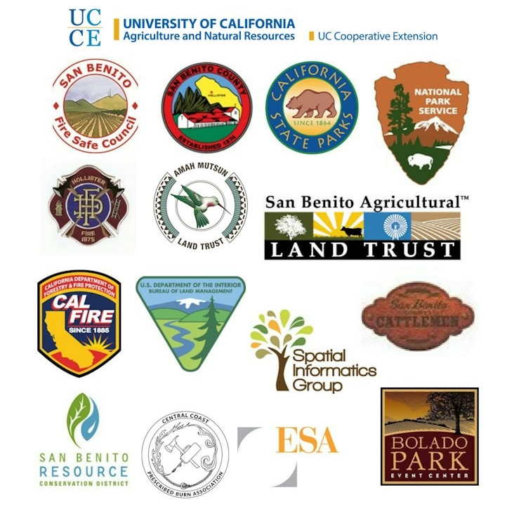 Logos of various organizations related to conservation, fire safety, agriculture, and natural resources in San Benito, CA.