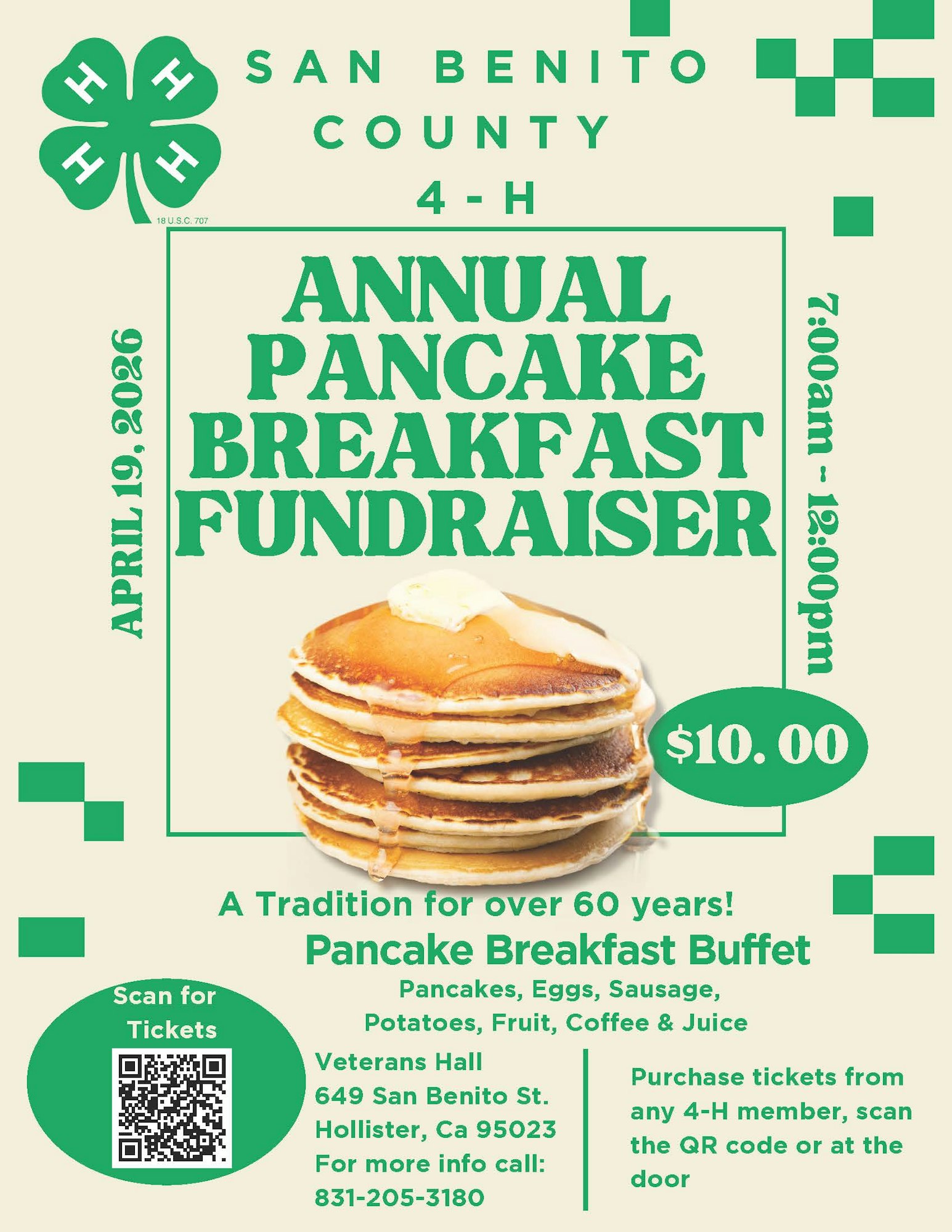 Annual Pancake Breakfast Fundraiser on April 19, 2026, from 7 AM to 12 PM at Veterans Hall, Hollister. $10 for buffet.