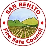 Logo of San Benito Fire Safe Council with mountains, fields, and text in a circle.