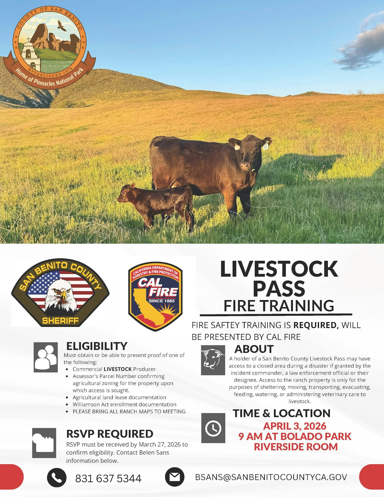 Announcement for a Livestock Pass Fire Training by CAL FIRE in San Benito County, requiring RSVP by March 27, 2026.