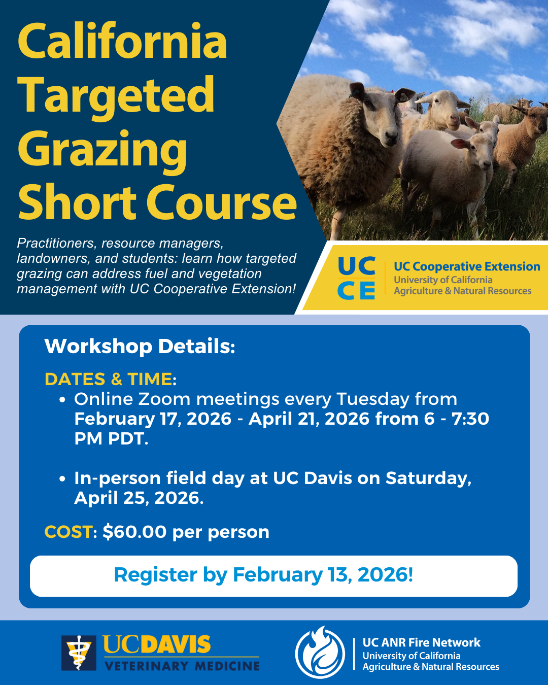 Flyer for "California Targeted Grazing Short Course" with online meetings from Feb 17 to Apr 21, 2026. Cost: $60. Register by Feb 13.