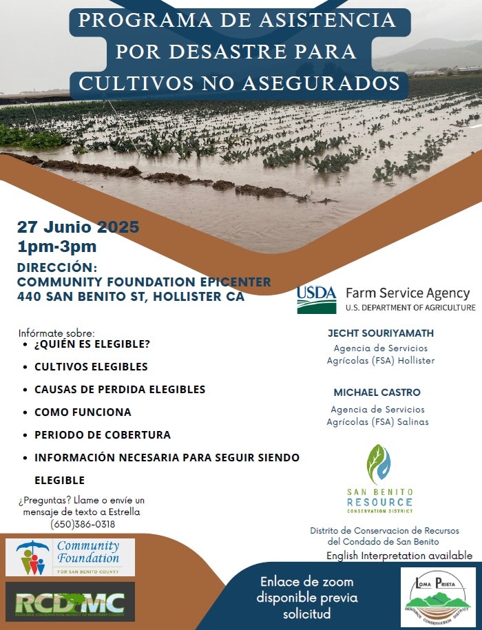 Flyer for a disaster assistance program for uninsured crops on June 27, 2025, at Community Foundation Epicenter, Hollister, CA.