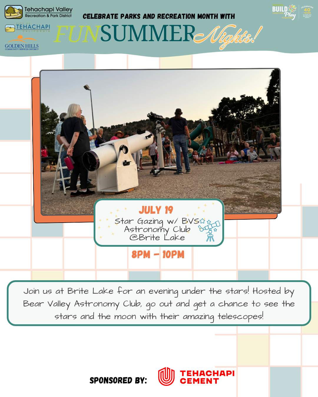 Event poster for July 19 star gazing at Brite Lake, 8-10 PM, with BVS Astronomy Club.