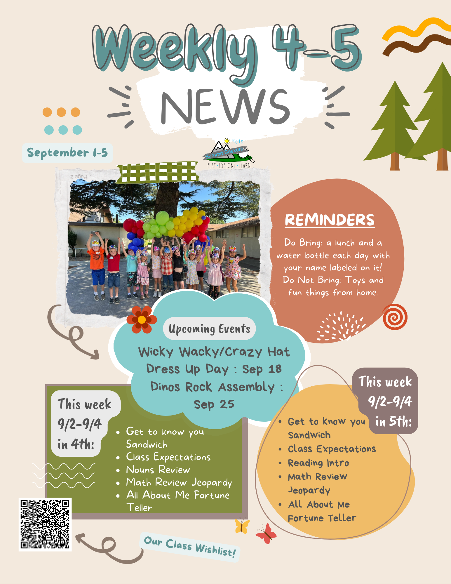 Weekly 4-5 news: includes events, reminders, class activities for 9/2-9/4, and a group photo of kids with balloons.
