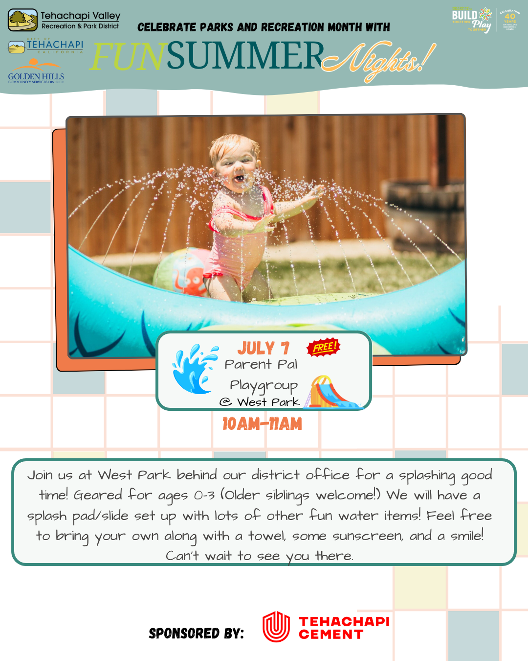 Summer event poster for a water playgroup on July 7, 10-11 AM at West Park for ages 0-3. Bring toys, towels, sunscreen.
