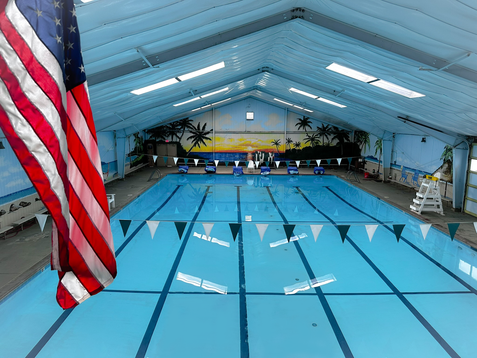 Indoor swimming pool with American flag, lane markers, mural, and skylights.