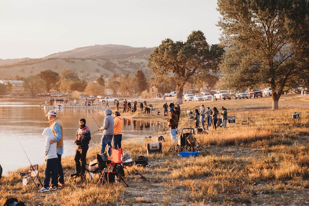 People fishing by a lake, cars parked in the background, surrounded by nature during golden hour.