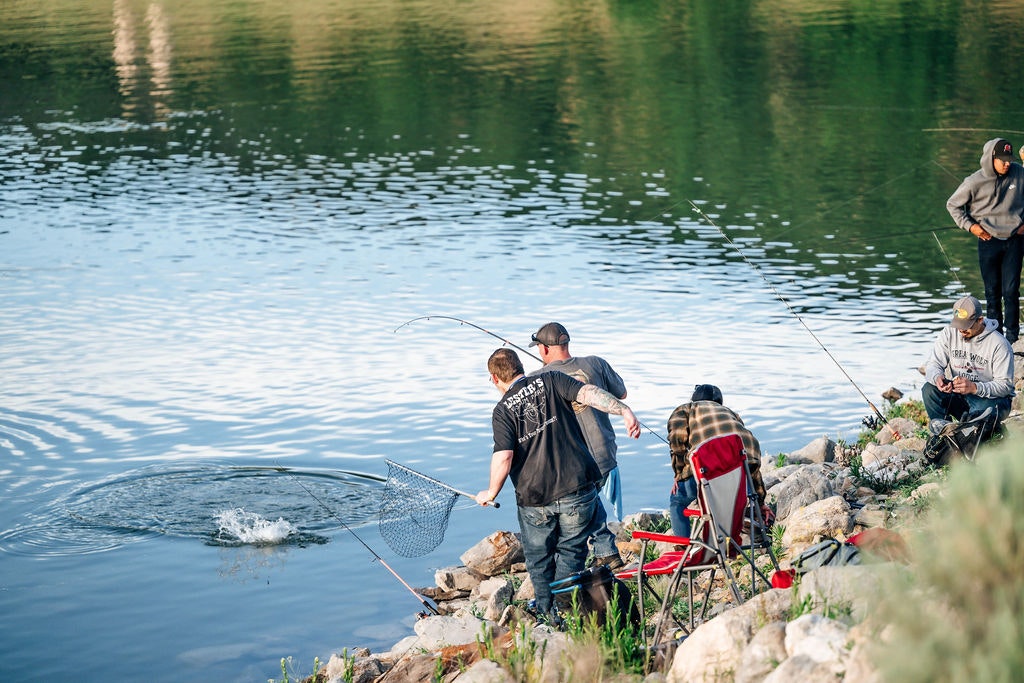People fishing by a lake, one reeling in a catch, another ready with a net.