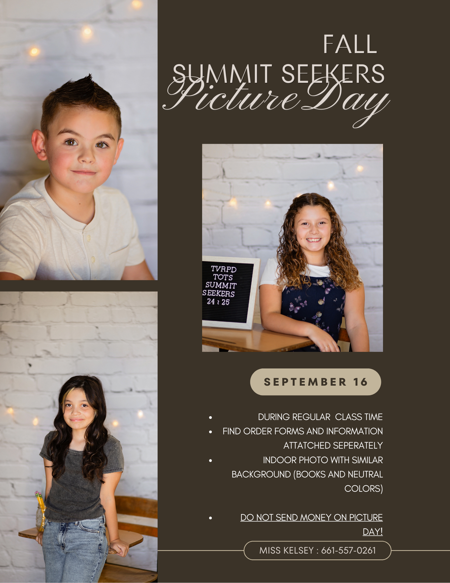 Summit Seekers Picture Day announcement with children's photos, details for September 16, and contact info for Miss Kelsey.