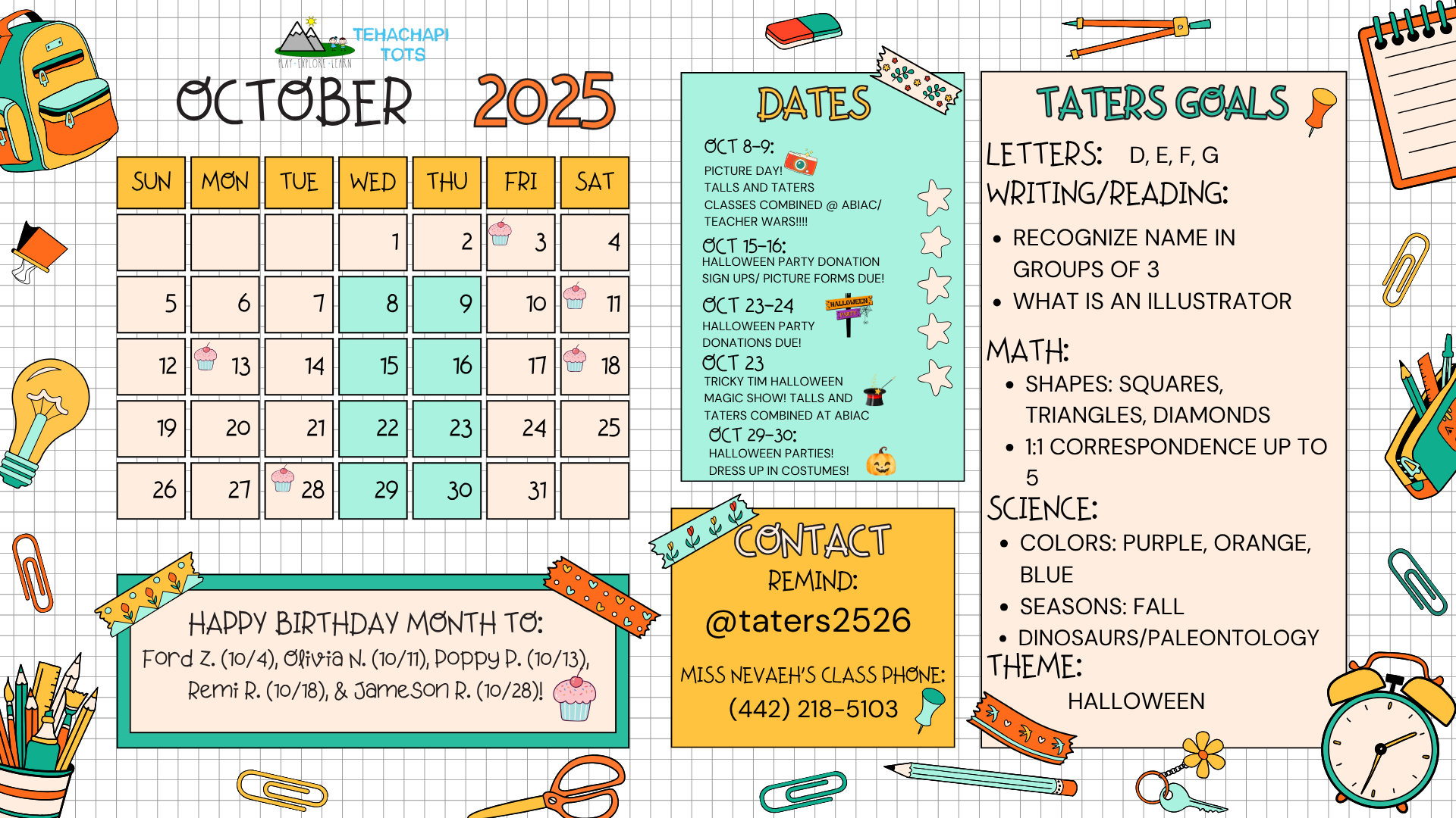 October 2025 calendar with events, goals, and birthdays for a kids' class. Theme: Halloween. Contact info and learning objectives included.