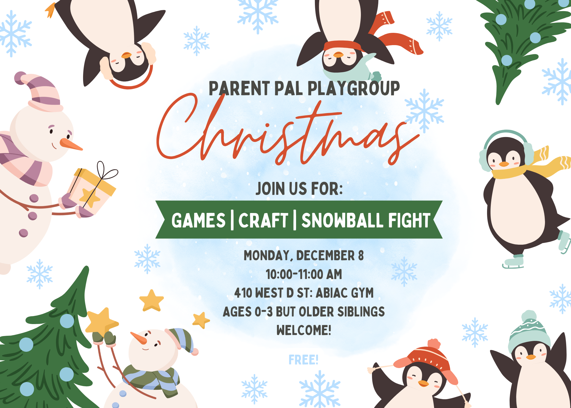 Christmas playgroup on Dec 8, 10-11 AM at Abiack Gym. Activities include games, crafts, and snowball fights. Ages 0-3 welcome!