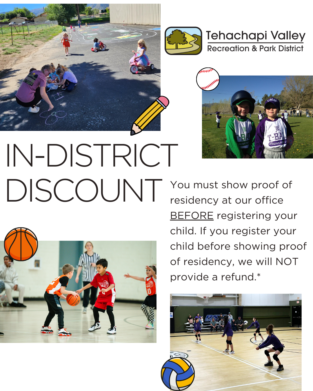 Promotional flyer offering an in-district discount for youth activities with residency proof requirement. Includes kids playing sports.
