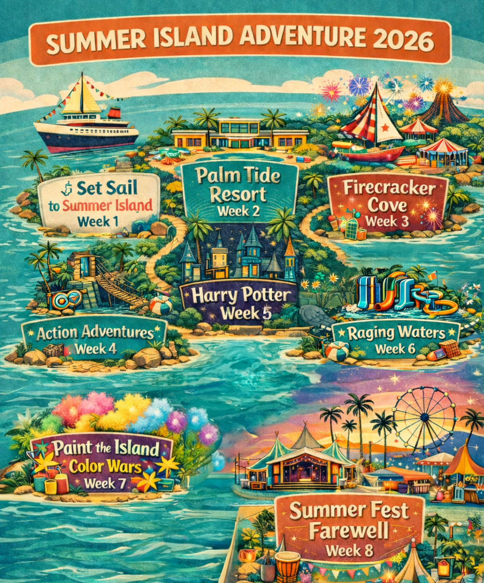 A colorful event schedule for "Summer Island Adventure 2026," featuring themed weeks like "Harry Potter" and "Color Wars."