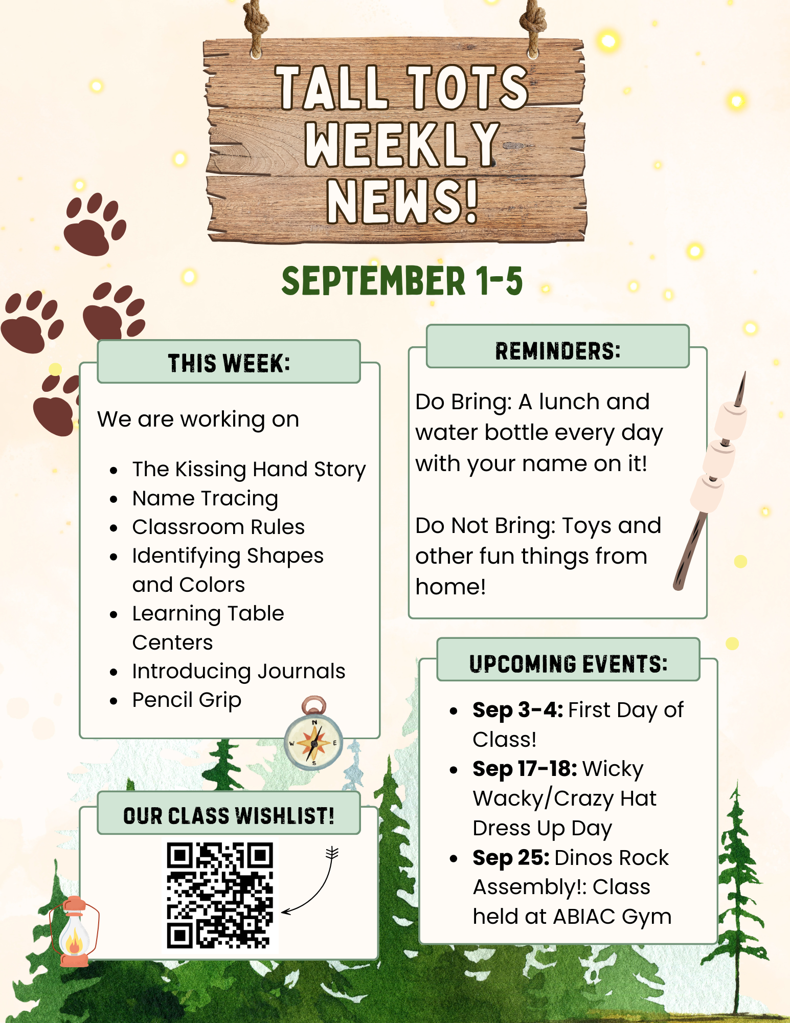 Weekly news for "Tall Tots" includes activities, reminders, events, and a class wishlist with a QR code, dated September 1-5.