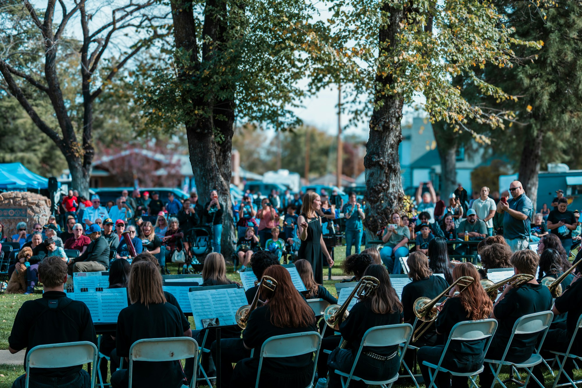 Outdoor band performance with a conductor, musicians, and an audience seated and standing among trees in a park setting.
