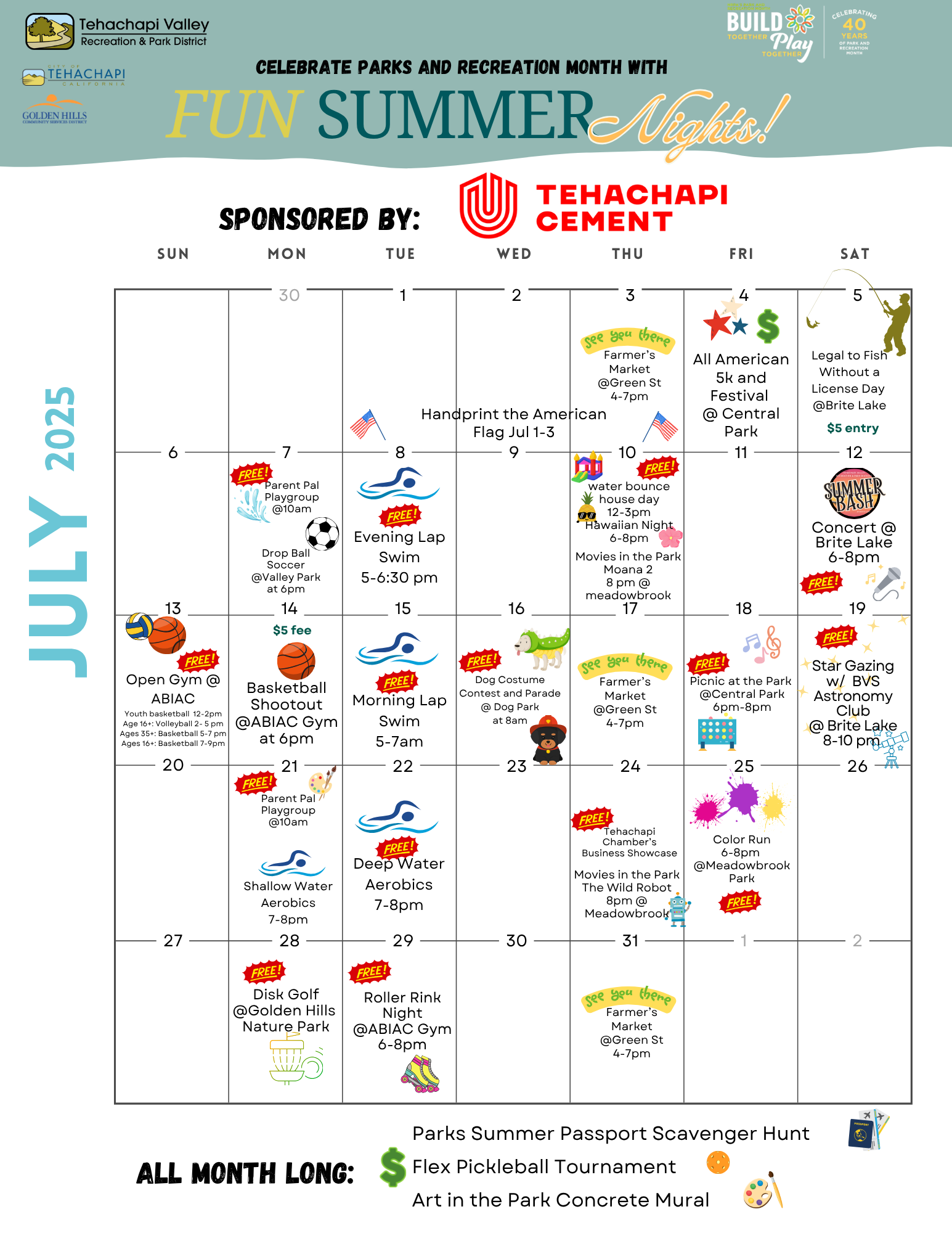 July 2025 event calendar with activities like markets, concerts, and sports in Tehachapi Valley.