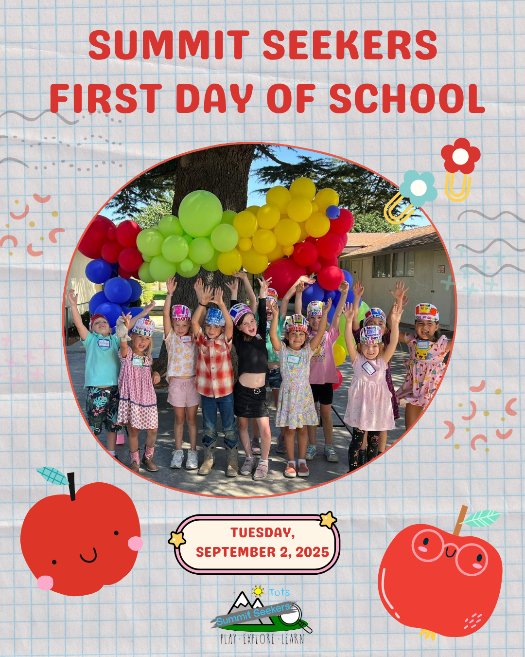Kids celebrating the first day of school at Summit Seekers, September 2, 2025, with colorful balloons and decorations.