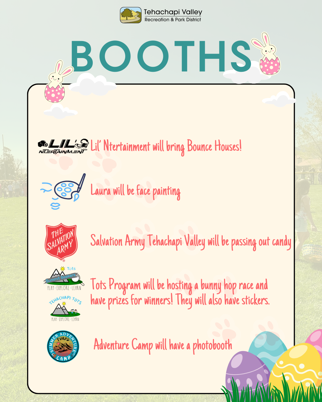 The image lists fun activities at a Tehachapi Valley event, including bounce houses, face painting, candy, a bunny hop race, and a photobooth.