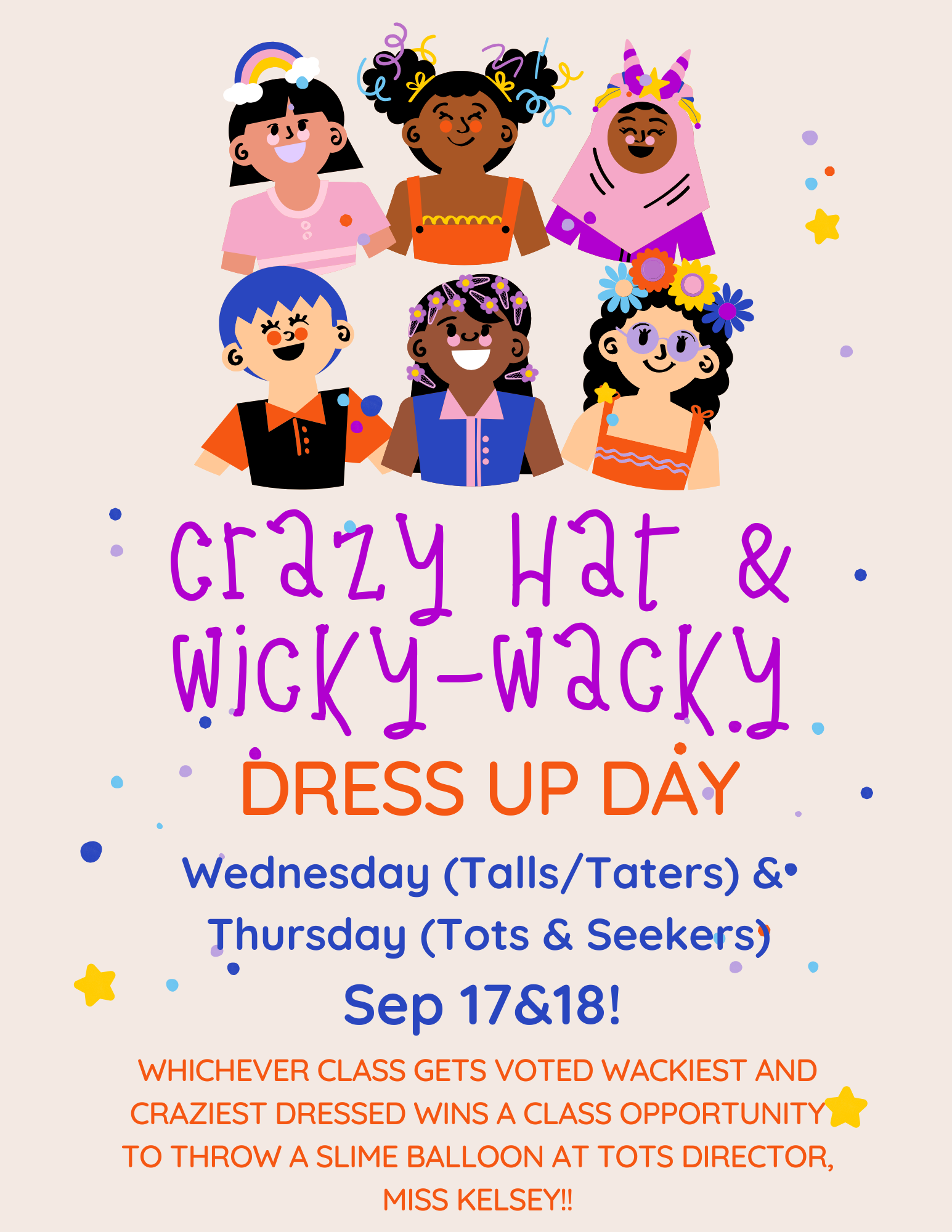 Crazy Hat & Wicky-Wacky Dress Up Day poster with colorful characters, Sep 17-18. Win a slime balloon throw for wackiest class!