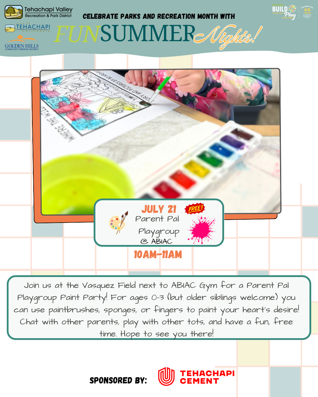 Announcement for a Parent Pal Playgroup paint party on July 21, 10-11AM at ABIAC. Fun activities for ages 0-3, free event.