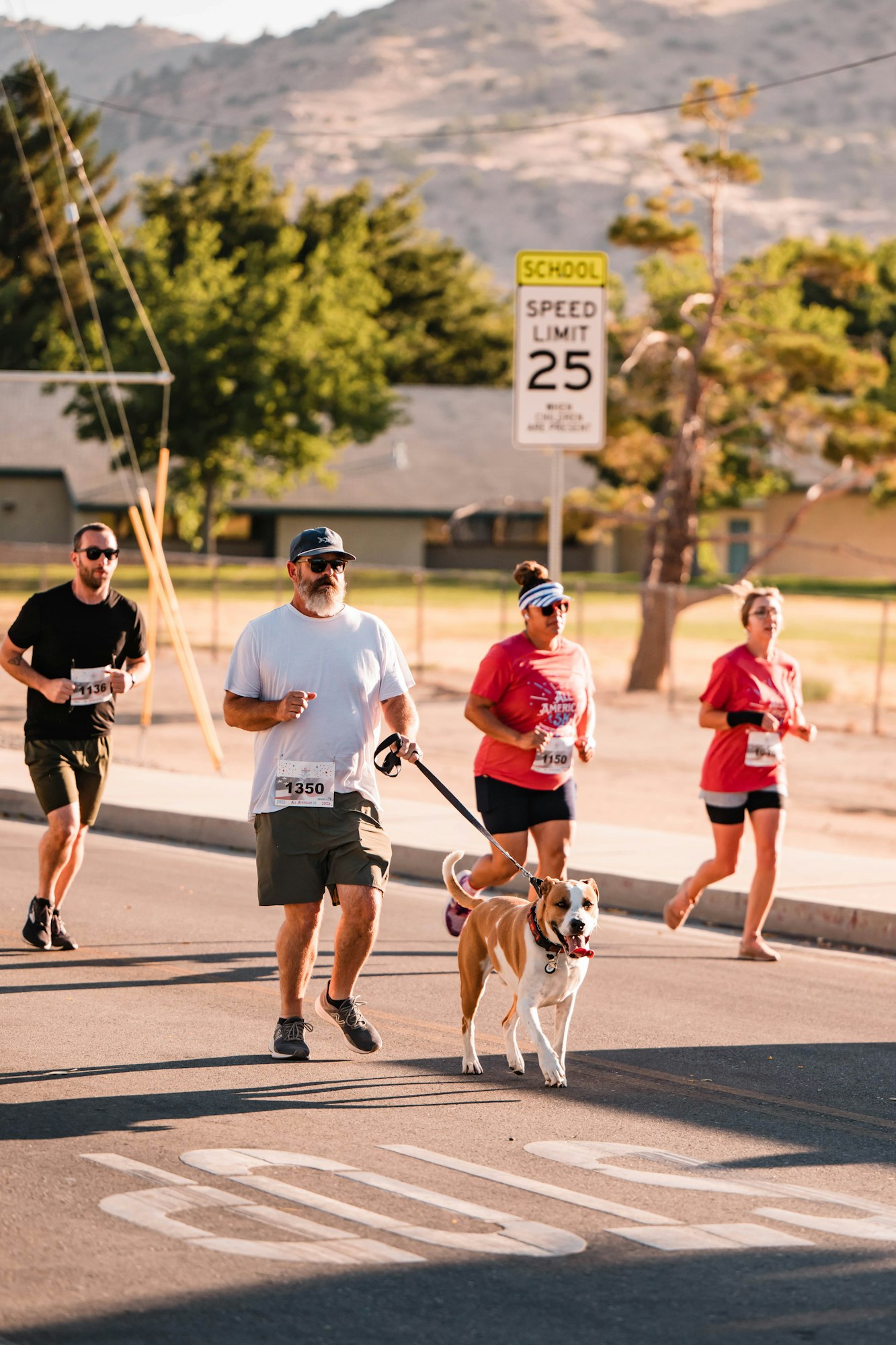 People running a race with a dog on a leash, near a speed limit sign on a sunny day.