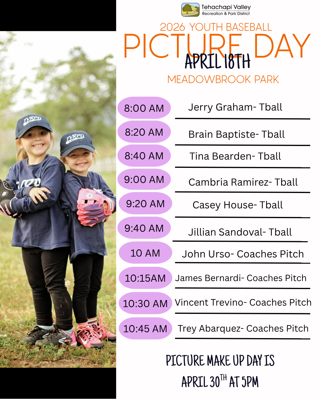 Schedule for 2026 Youth Baseball Picture Day on April 18 at Meadowbrook Park, including names and times for each participant.