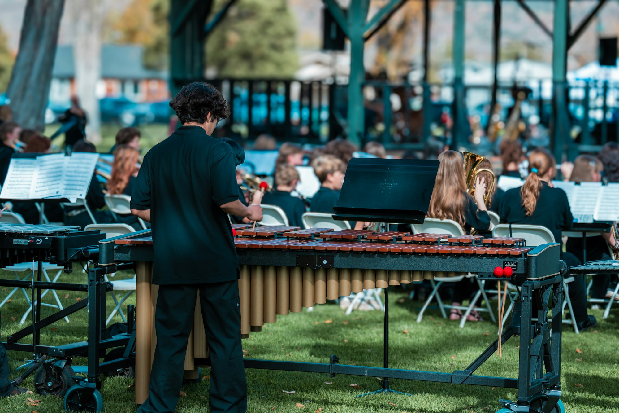 Concert ensemble outdoors, person playing xylophone, seated musicians with sheet music.