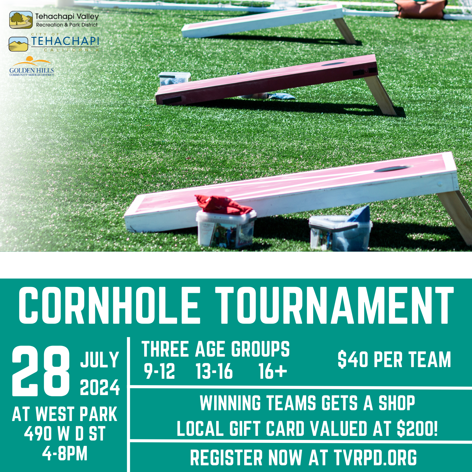 A flyer for a cornhole tournament on July 28, 2024, with entry and prize details.