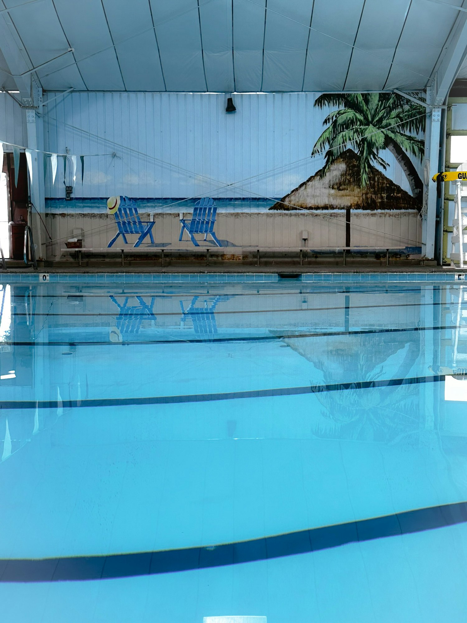 Indoor swimming pool with blue chairs, mural of a palm tree on wall, reflections on water surface.