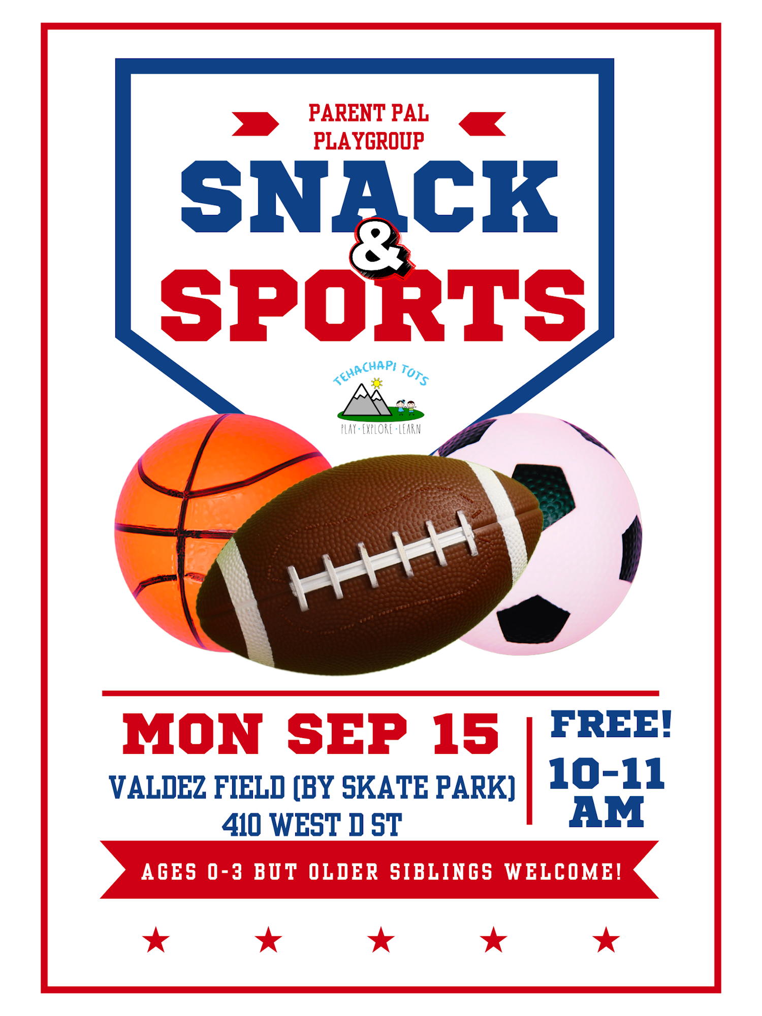 Parent Pal Playgroup: Snack & Sports event, Mon Sep 15, 10-11 AM, Valdez Field. Free for ages 0-3, older siblings welcome.