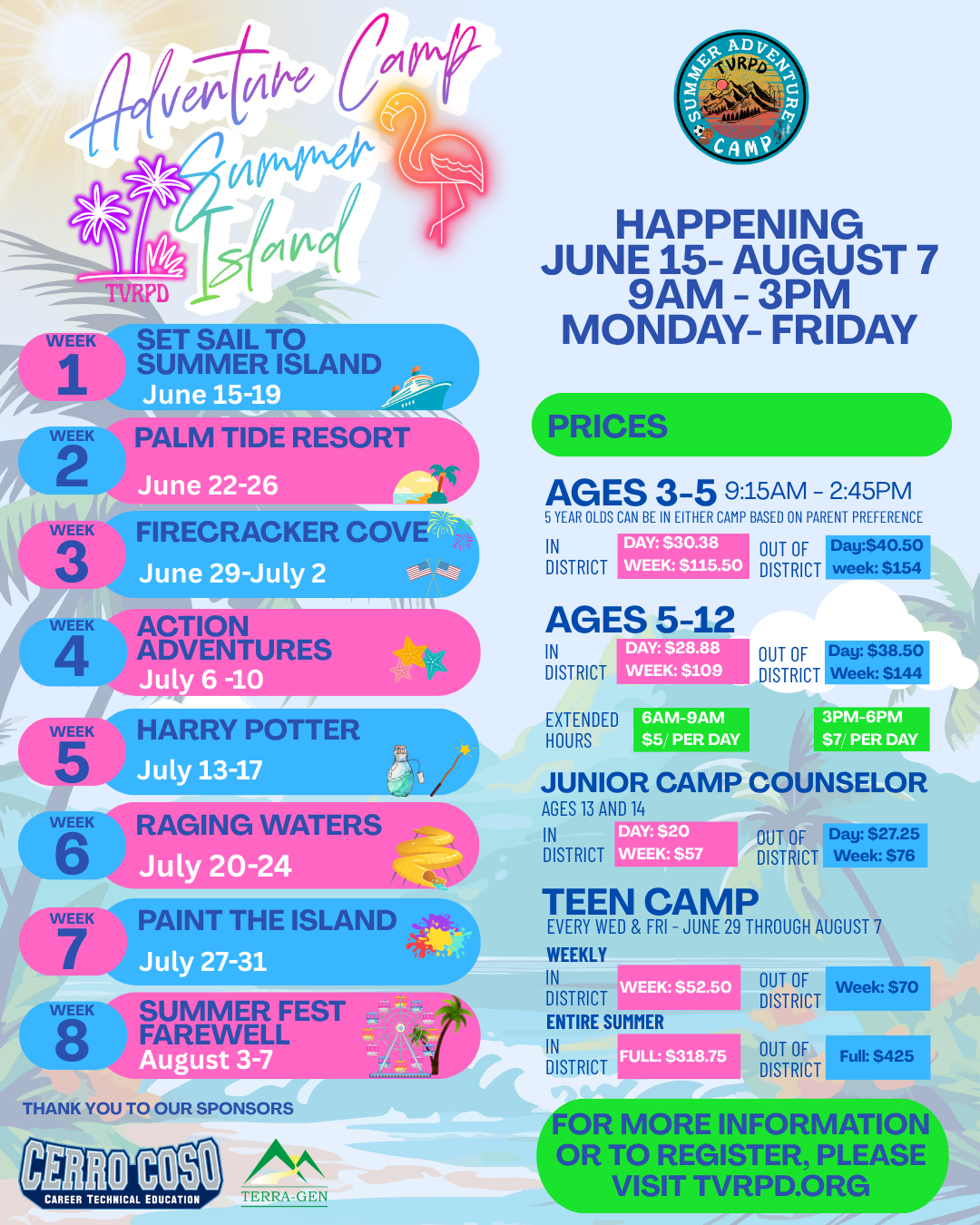 Adventure Camp at Summer Island runs June 15-August 7, offering various themed weeks for ages 3-12. Registration info included.