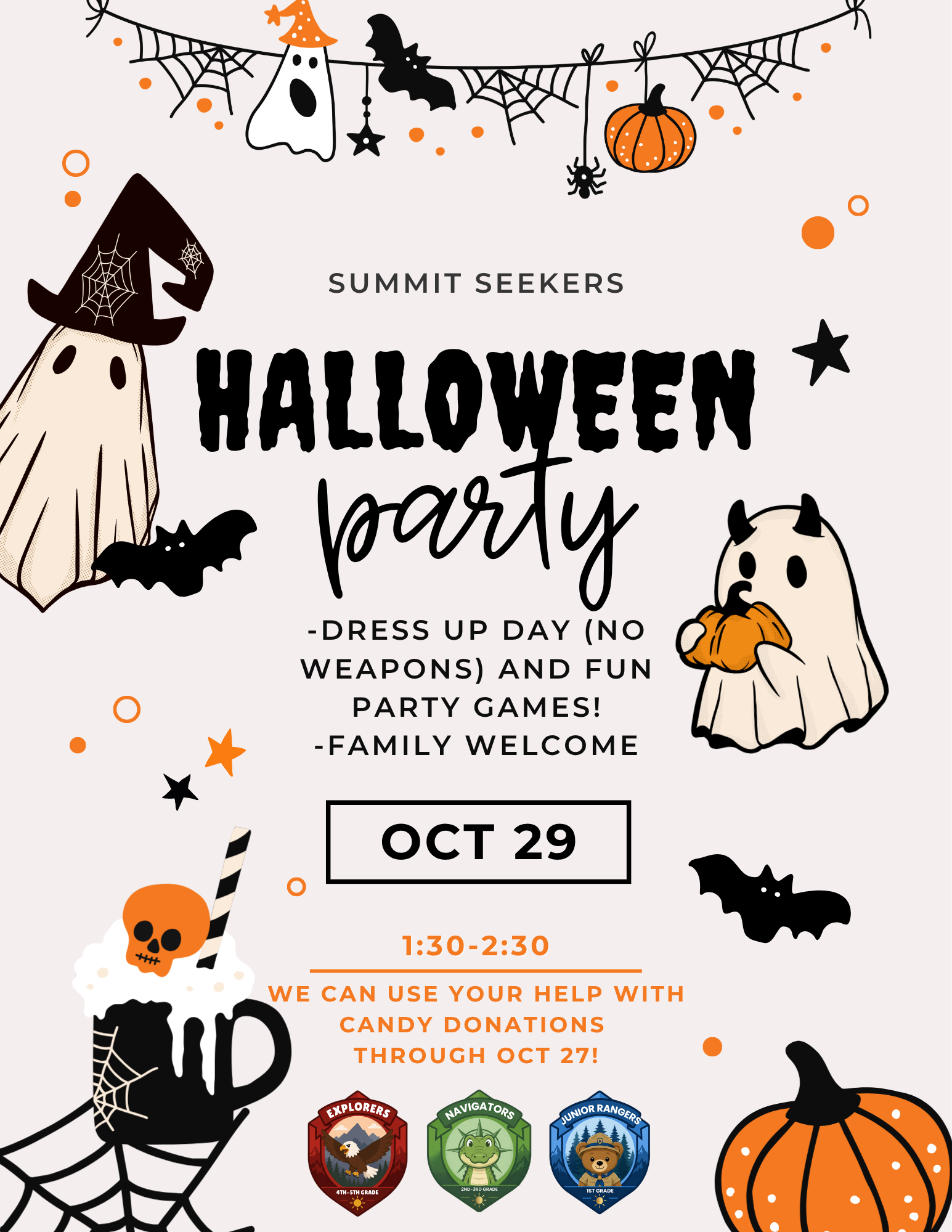 Join the Summit Seekers Halloween Party on Oct 29, 1:30-2:30! Dress up, enjoy games, and donate candy by Oct 27! 🎃👻