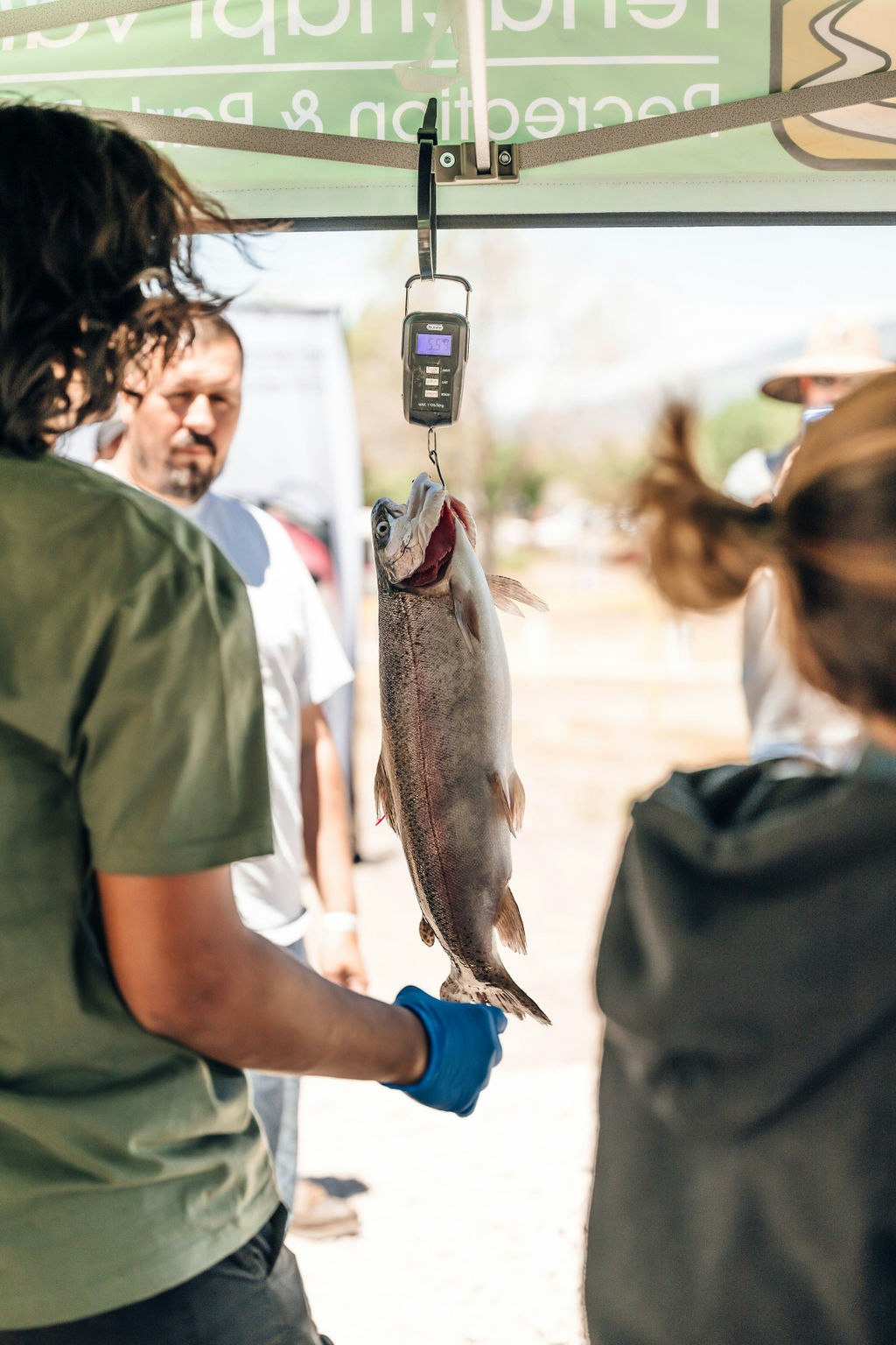 A fish is being weighed on a digital scale held by a person in a green shirt with onlookers in the background.