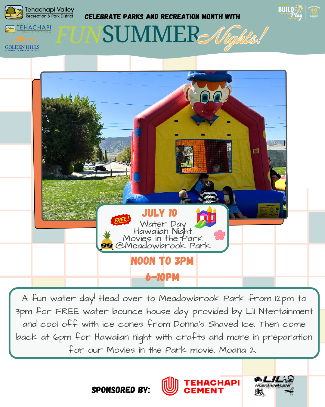 A flyer for a fun water day on July 10 at Meadowbrook Park, featuring free bounce house, shaved ice, and movie night with "Moana 2."